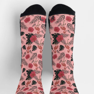Roze flamingo naadloze patroonbloemen en -bladeren sokken