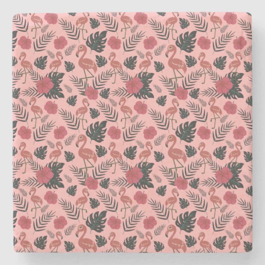 Roze flamingo naadloze patroonbloemen en -bladeren stenen onderzetter (Voorkant)