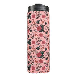 Roze flamingo naadloze patroonbloemen en -bladeren thermosbeker