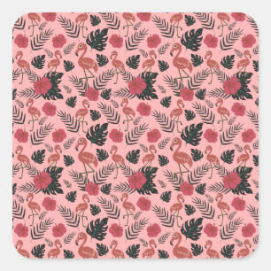 Roze flamingo naadloze patroonbloemen en -bladeren vierkante sticker