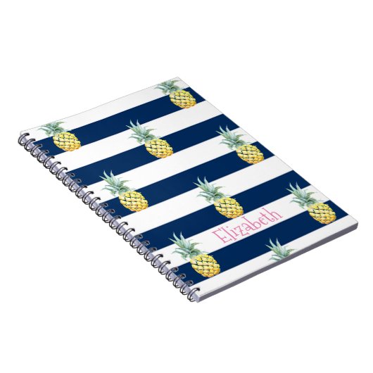 Roze flamingo, Navy Blue Stripes-Personalized Notitieboek (Rechterzijde)