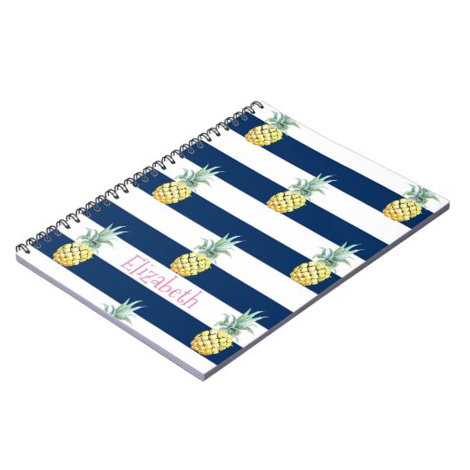 Roze flamingo, Navy Blue Stripes-Personalized Notitieboek (Linkerzijde)
