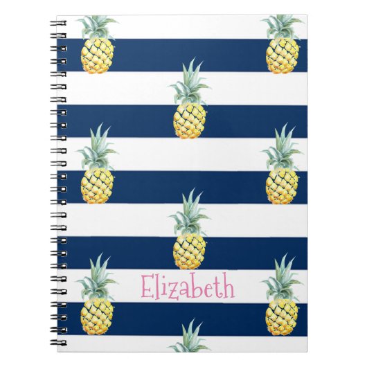 Roze flamingo, Navy Blue Stripes-Personalized Notitieboek (Voorkant)