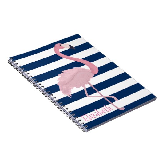 Roze flamingo, Navy Blue Stripes-Personalized Notitieboek (Rechterzijde)