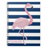 Roze flamingo, Navy Blue Stripes-Personalized Notitieboek (Voorkant)