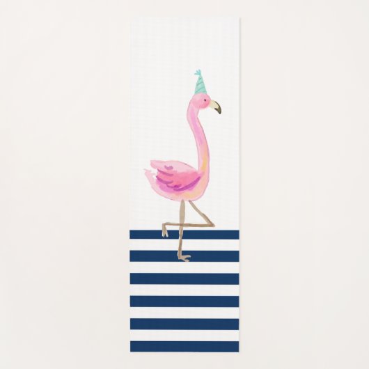 Roze Flamingo Navy Blue White Stripes Yogamat (Voorkant)