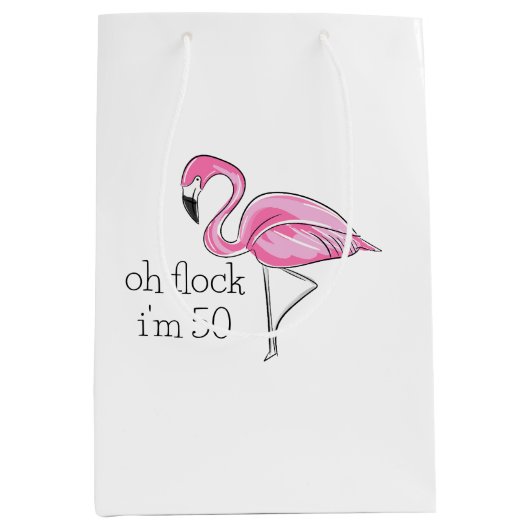 Roze Flamingo Oh Flock Ik ben 50 Medium Cadeauzakje (Voorkant)
