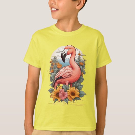 Roze Flamingo omgeven door bloemen T-shirt (Voorkant)