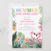 Roze Flamingo Onederland Zomer 1e Verjaardagsfeest Kaart (Voorkant)
