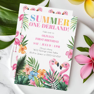 Roze Flamingo Onederland Zomer 1e Verjaardagsfeest Kaart