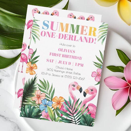 Roze Flamingo Onederland Zomer 1e Verjaardagsfeest Kaart