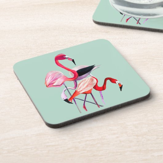  roze flamingo op blauw bier onderzetter (Linkerzijde)