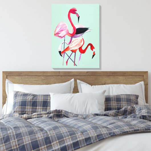roze flamingo op blauw canvas afdruk (Insitu (Slaapkamer))