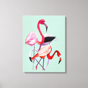 roze flamingo op blauw canvas afdruk