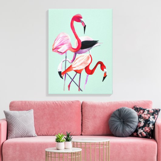 roze flamingo op blauw canvas afdruk (Insitu (Woonkamer))