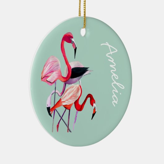  roze flamingo op blauw keramisch ornament (Rechts)
