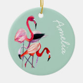  roze flamingo op blauw keramisch ornament (Voorkant)