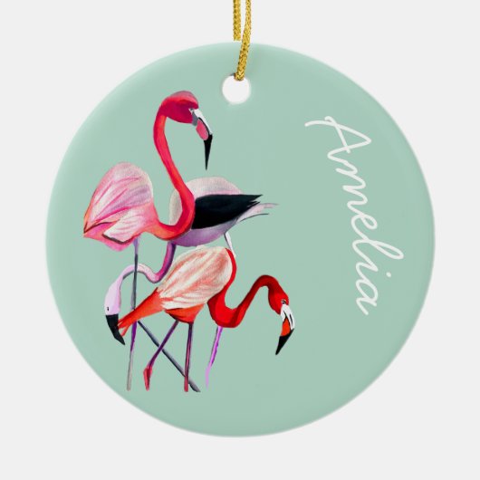  roze flamingo op blauw keramisch ornament (Voorkant)
