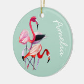  roze flamingo op blauw keramisch ornament (Links)