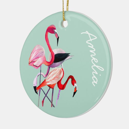  roze flamingo op blauw keramisch ornament (Links)