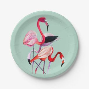roze flamingo op blauw papieren bordje