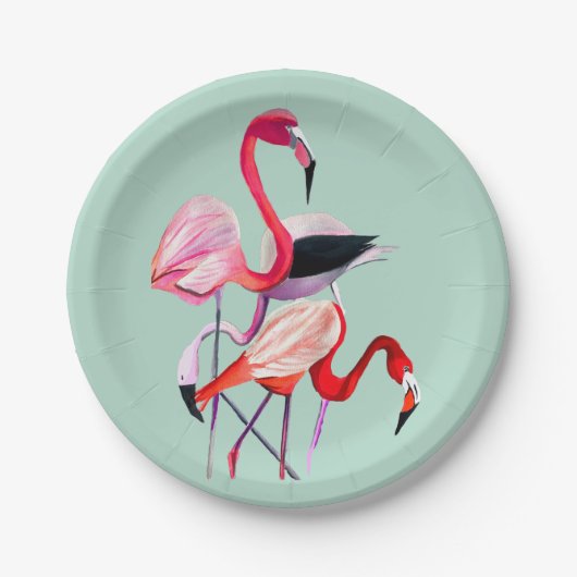 roze flamingo op blauw papieren bordje (Voorkant)