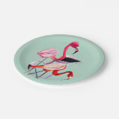 roze flamingo op blauw papieren bordje (Gekanteld)