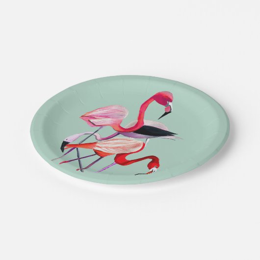  roze flamingo op blauw papieren bordje (Gekanteld)