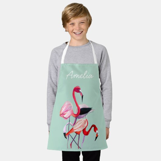 roze flamingo op blauw schort (Gedragen)