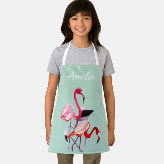  roze flamingo op blauw schort (Insitu)