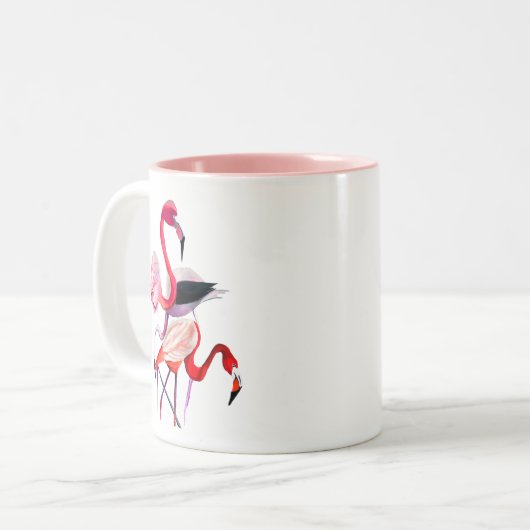 roze flamingo op blauw tweekleurige koffiemok (Voorkant links)