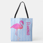 Roze Flamingo op Blauwe Strepen Tote Bag (Voorkant)