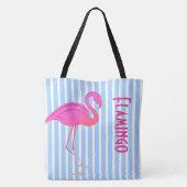 Roze Flamingo op Blauwe Strepen Tote Bag (Achterkant)