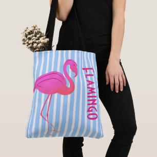 Roze Flamingo op Blauwe Strepen Tote Bag