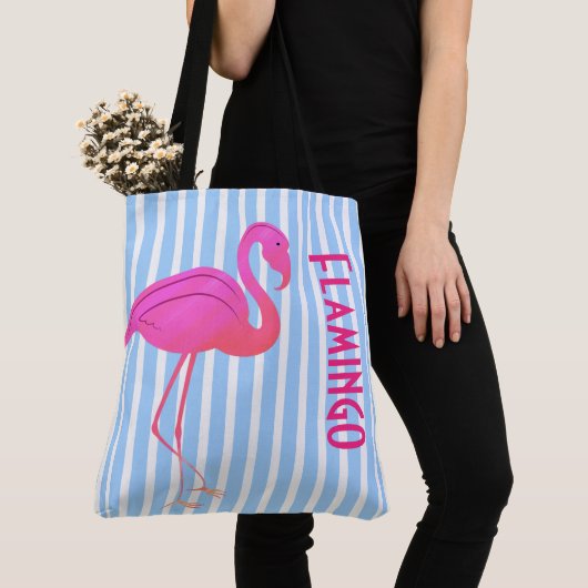 Roze Flamingo op Blauwe Strepen Tote Bag (Dichtbij)