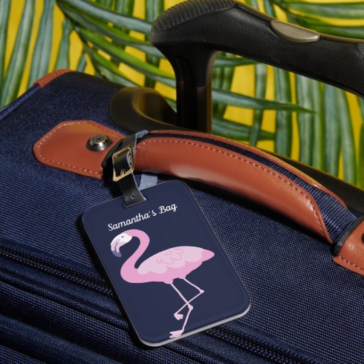 Roze Flamingo op Donkerblauw met naam Bagagelabel (Voorkant Insitu 1)