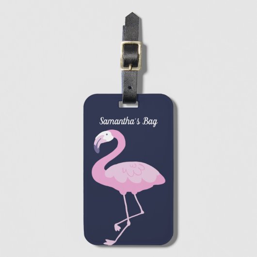 Roze Flamingo op Donkerblauw met naam Bagagelabel (Voorkant (verticaal))