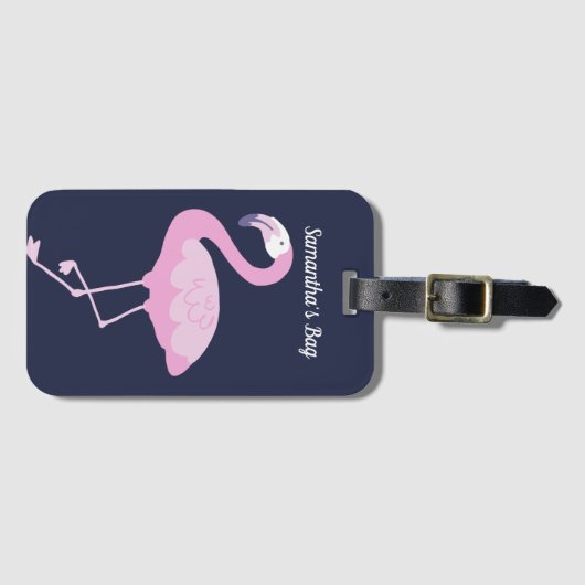 Roze Flamingo op Donkerblauw met naam Bagagelabel (Voorkant (horizontaal))
