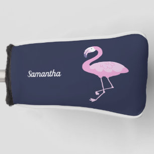 Roze Flamingo op Donkerblauw met Naam Golfheadcover