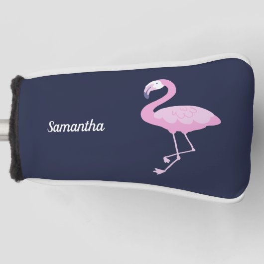 Roze Flamingo op Donkerblauw met Naam Golfheadcover (Voorkant)