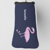 Roze Flamingo op Donkerblauw met Naam Golfheadcover (Draai 90)