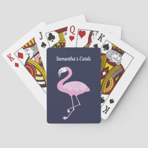 Roze Flamingo op donkerblauw Paars met naam Pokerkaarten