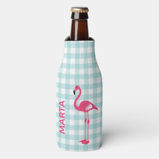 Roze Flamingo op Gingham Bottle Cooler (Fles Voorkant)