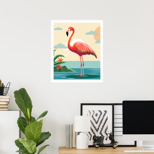  roze flamingo op het strand poster (Thuiskantoor)