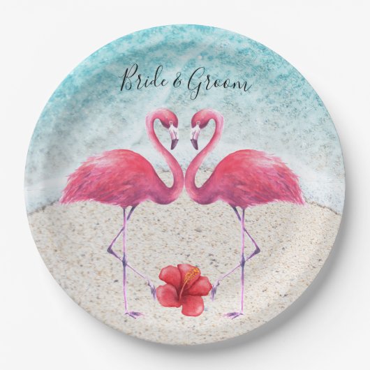 Roze Flamingo op het strand Weddenschap Papieren B Papieren Bordje (Voorkant)