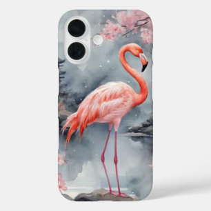 Roze flamingo op Japanse vijver inkt spat omslag iPhone 16 Hoesje