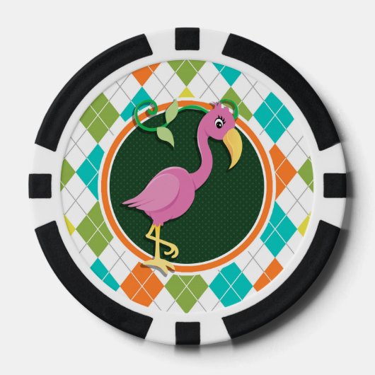 Roze Flamingo op Kleurrijk Argyle Patroon Poker Chips (Voorkant)