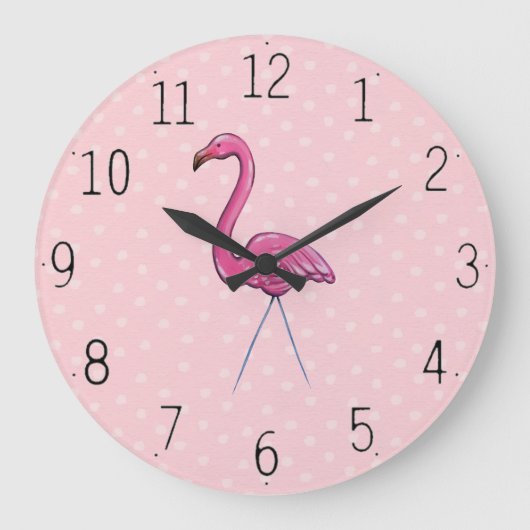 roze flamingo op Polka Dot background Clock Grote Klok (Voorkant)