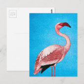 Roze Flamingo op Retro Blue Pattern Briefkaart (Voorkant / Achterkant)