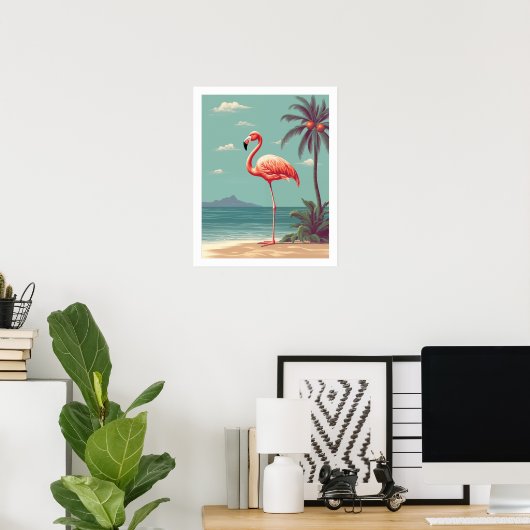  roze flamingo op strand Poster (Thuiskantoor)